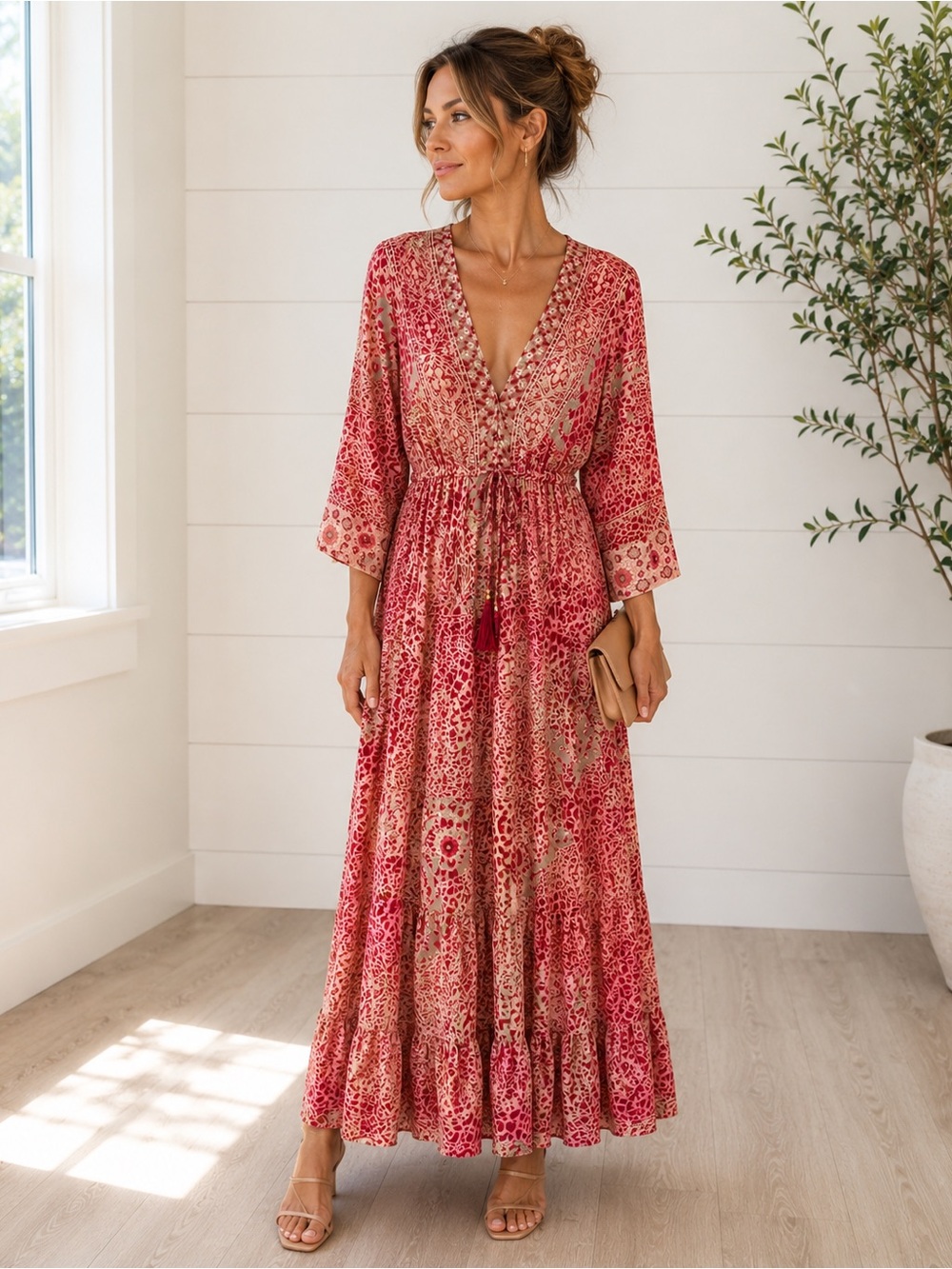 Vice Apparel Red gold Print VNeck Maxi Dress with Tassel Drawstring Size: OS NWT
